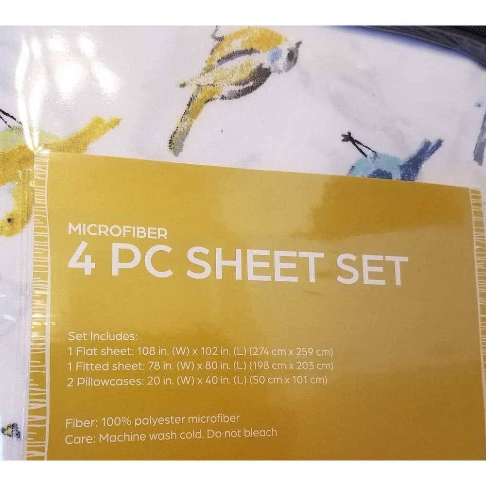 Real Living Timeless 4pc KING Sheet Set Microfiber White Yellow Blue Birds NEW